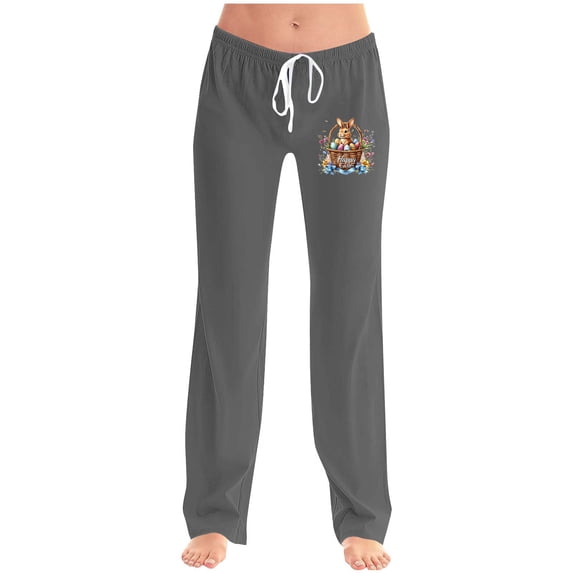 Xunlbb Women Wide Leg Pants, Ladies' Easter Printed Double Pocket Drawstring Pants ,Gray M
