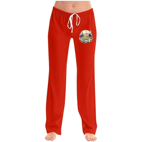 Xunlbb Women Wide Leg Pants Plus Size, Ladies' Easter Printed Double Pocket Drawstring Pants ,Red L