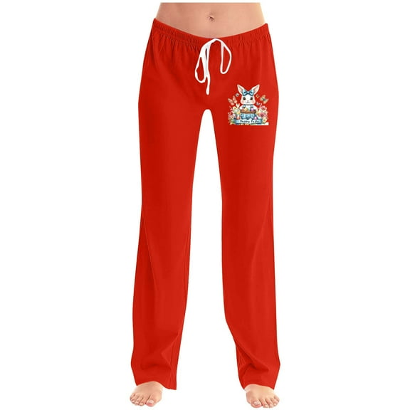 Xunlbb Women Wide Leg Pants Plus Size, Ladies' Easter Printed Double Pocket Drawstring Pants ,Red L