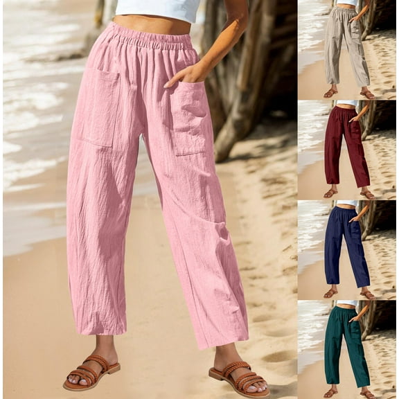 Xunlbb Women's Casual Wide Leg Pants Women Solid Color Cotton And Linen Pocket Elastic Waist Loose Casual Wide Leg Pants Gift for Her, S-2XL
