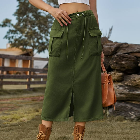 Xunlbb Women's Denim Skirt High Waist Women's Fashion Solid Color Elastic Waist Slit Cowboy Skirt Jean Skirts for Women Denim (Army Green L）