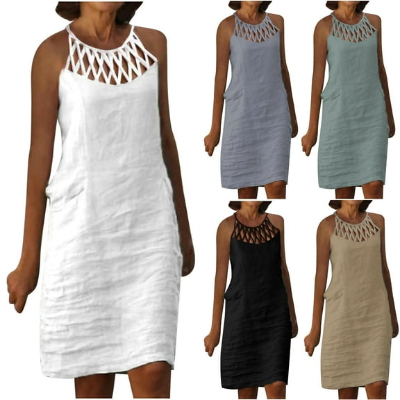Xunlbb Women's Dress Fashion Round Neck Loose Sleeveless Solid Dress Knee-High Hollow Lightweight Long Dress Summer Vacation Beach Fashion Party Casual Daily Outfit