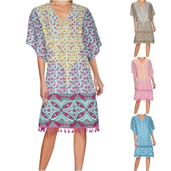 Xunlbb Women's Dress New Printed Bohemian Dress V-neck Floral Midi Dress Mid Sleeves Stylish Summer Beach Vacation Holidays Party Casual Sundress Plus Size S-XXXL