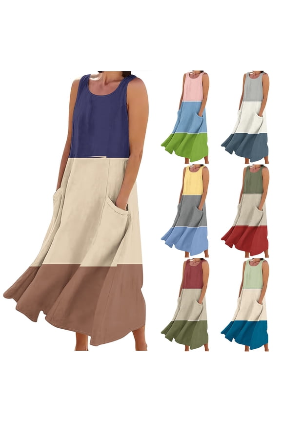 Women's Dresses Midi Tank Top Dress with Round Neck Sleeveless Lightweight Joint Color Basic Simple Essentials Summer Beach Fashion Club Vacation Casual Outfit Plus Size