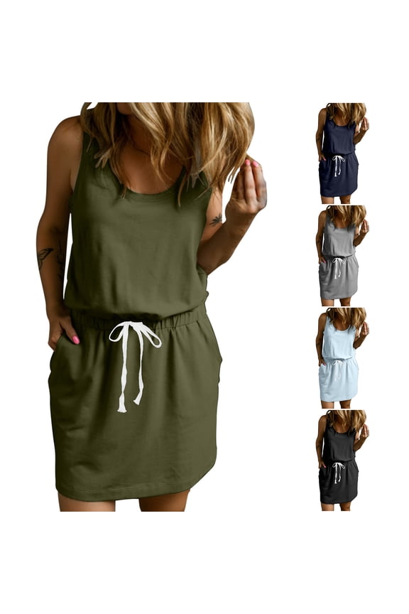 Women's Dresses Midi Tank Top Dress with Waist String Round Neck Sleeveless Lightweight Solid Basic Simple Essentials Summer Beach Fashion Club Vacation Casual Outfit Plus Size