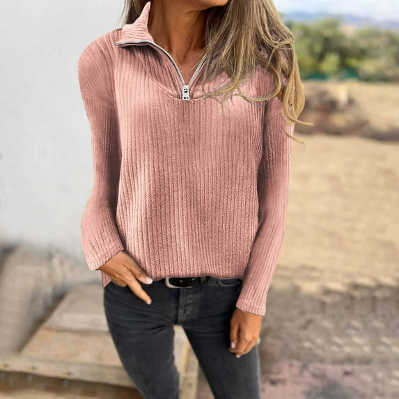 Xunlbb Women's Knitted Sweater Top Solid Color V-neck Zipper Long Sleeved Shirts Women's Plus Size Long Sleeve Fall and Winter Trendy Women Tops, S-5XL