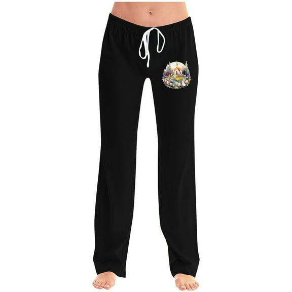 Xunlbb Women's Lightweight Summer Pants, Ladies' Easter Printed Double Pocket Drawstring Pants ,Black 2XL