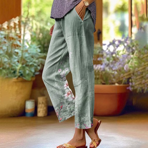 Xunlbb Women's Lightweight Summer Pants, Women'S Spring Print All-Match Straight Leg Casual Pants ,A-Army Green M