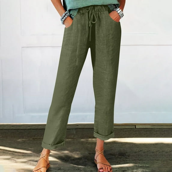 Xunlbb Women's Lightweight Summer Pants, Women's Spring And Solid Color Elastic Waist Cotton Linen Versatile Straight Tube Casual Wide Leg Pants Gift for Women ,Army Green M