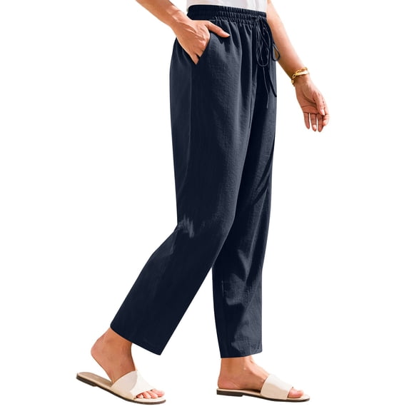 Xunlbb Women's Lightweight Summer Pants, Women's Summer Thin Solid Color Casual High Waisted Drawstring Side Pockets Pants ,Navy S