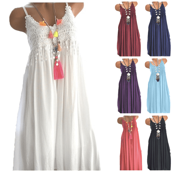 Xunlbb Women's Long Dress Fashion Sleeveless Summer Tassel Cotton Fashion Long Dress Lightweight Pleated Front Summer Vacation Beach Fashion Plus Size S-XXXXXL