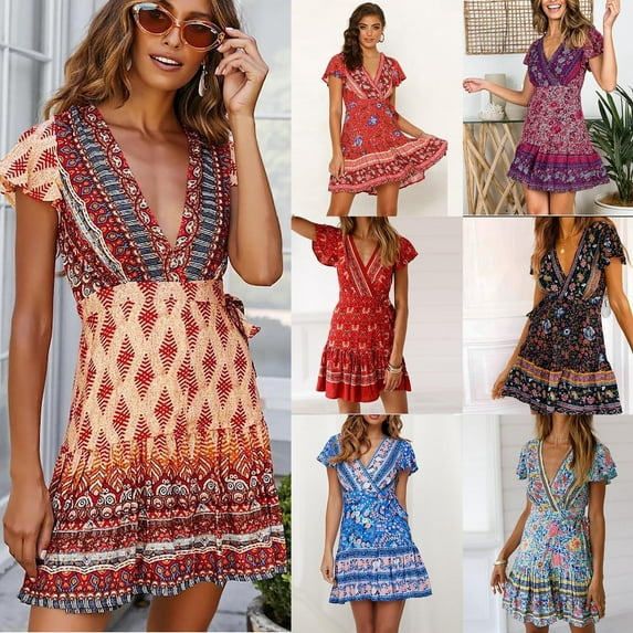 Xunlbb Women's Long Dress Summer Bohemian V Neck Lace Up Fashion Printed Lantern Sleeves High Waist Large Hem Dress Beach Fashion Vacation Party Holidays Casual Outfit Plsu Size