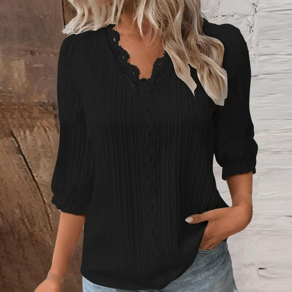 Xunlbb Women's Long Sleeve T-Shirts Fashion Women's Solid Color 3/4 Sleeve V-Neck Lace Patchwork Blouse Top Casual T-shirt Solid Tops Women Business Casual Tops, S-2XL