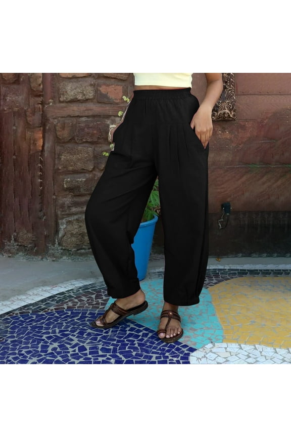 Women's Pants, Womens Loose Fitting Haren Pants High Waisted Cotton Linen Wide Leg Casual Pants Gift for Women ,Black S