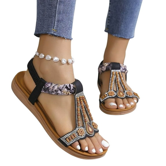 Xunlbb Women's Sandals Flat Toe Beaded Bohemian Beach Roman Sandals Women's Fashion Shoes Up to 60% Off