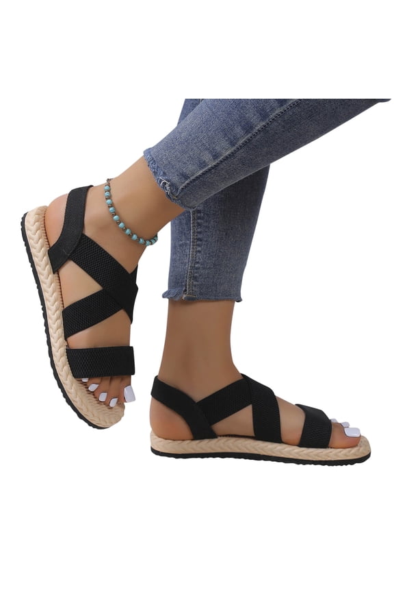 Women's Sandals Strap Grass Woven Hemp Rope Flat Bottomed Roman Shoes Beach Soft Sole Sandals Women's Fashion Shoes Up to 60% Off