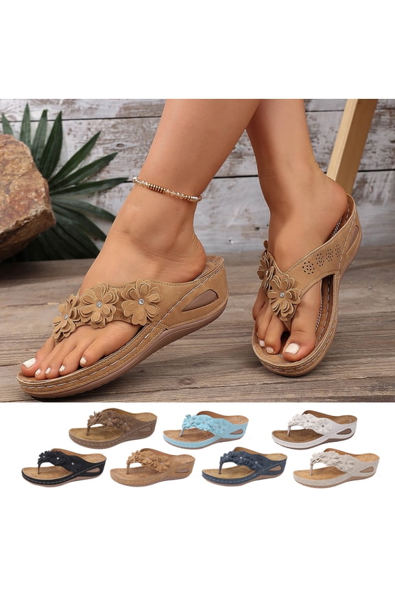Women's Plus Size Wedge Sandals Casual Floral Thong Flip Flops Slippers for Spring and Summer, Brown