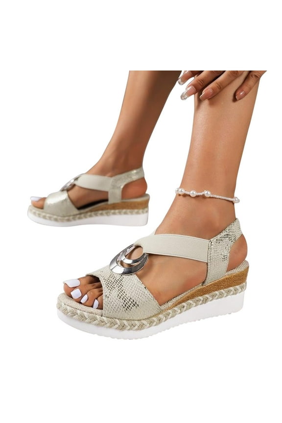 Women's Sandals Women's Wedge Heel Slippers Snake Patterned Hemp Rope Thick Bottom Fish Mouth Solid Color Roman Sandals Women's Fashion Shoes Up to 60% Off