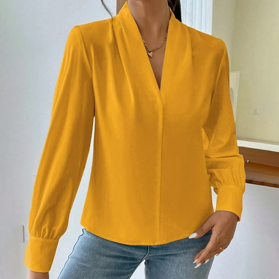 Xunlbb Womens Long Sleeve Tops Woman Long Sleeve V-Neck Solid Color Fashion Fallow Commuting Comfort Jacket S-2XL