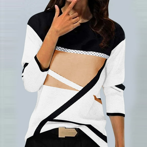 Xunlbb Womens Long Sleeve Tops Women's Casual Geometry Printed T-shirt Long Sleeve Blouse Round Neck Casual Tops S-2XL