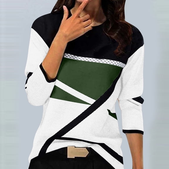 Xunlbb Womens Long Sleeve Tops Women's Casual Geometry Printed T-shirt Long Sleeve Blouse Round Neck Casual Tops S-2XL