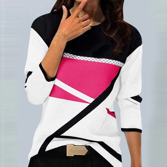 Xunlbb Womens Long Sleeve Tops Women's Casual Geometry Printed T-shirt Long Sleeve Blouse Round Neck Casual Tops S-2XL
