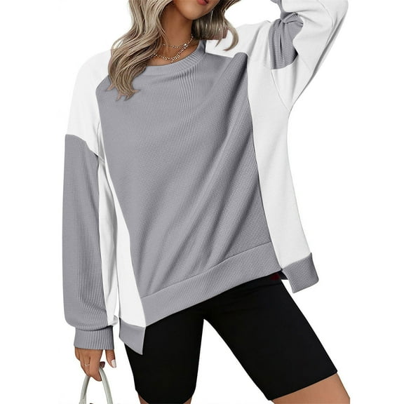 Xunlbb Womens Long Sleeve Tops Women's Fashionable Loose Casual Solid Color Blocking Round Neck Long Sleeved Top S-2XL
