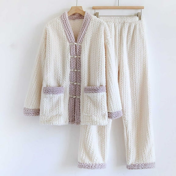 Xunlbb Womens Nightwear Loungewear Womens Solid Color Thick Flannel Warm And Casual Home Clothes Pajama Set M-XL