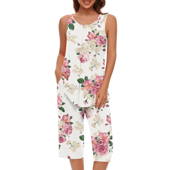 Xunlbb Womens Pajamas Fashion Woman Round Neck Printing Sleeveless Blouse +Shorts Pants Elastic Waist Pajama Sets Gift for Women S-2XL