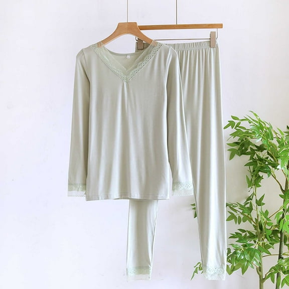 Xunlbb Womens Pajamas Fashion Women Solid Color V- Neck Lace Long SleeveTops Elastic Waist Lace Up Trousers Home Pajama Sets M-2XL