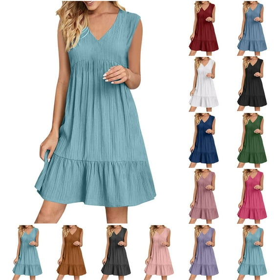 Xunlbb Womens Summer Dresses Women Summer V-neck Loose Solid Color Pleated Casual High Waisted Lace Sleeveless Dress Size S-2XL