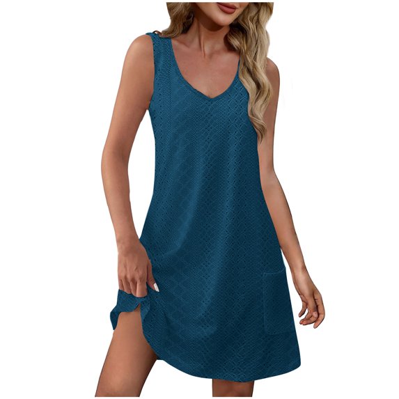 Xunlbb Womens Summer Dresses Women's Casual With Pockets Summer Dress Solid Color-Neck Mini Dresses Beach Vacation Clothes for Women Size S-2XL