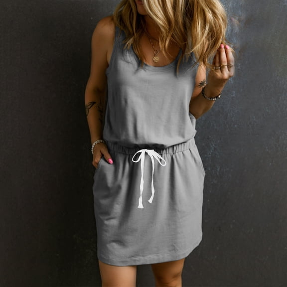 Xunlbb Womens Summer Dresses Women's Solid Color Comfortable Round Neck Sleeveless Dress Beach Dress Size S-2XL