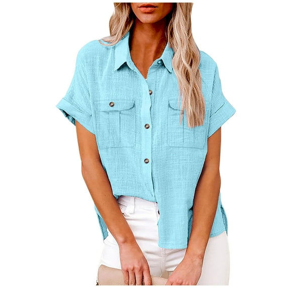 Xunlbb Womens Tops Women Shirts Summer Womens Solid Color V Neck Loose Blouse Long Sleeve Casual Work Tunic Tops With Pocket, S-2XL