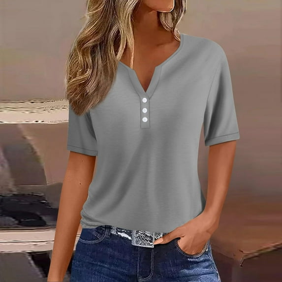 Xunlbb Womens Tops Women's Fashion Clothing Women's Casual Solid Color Short-Sleeved V-Neck Top, S-3XL