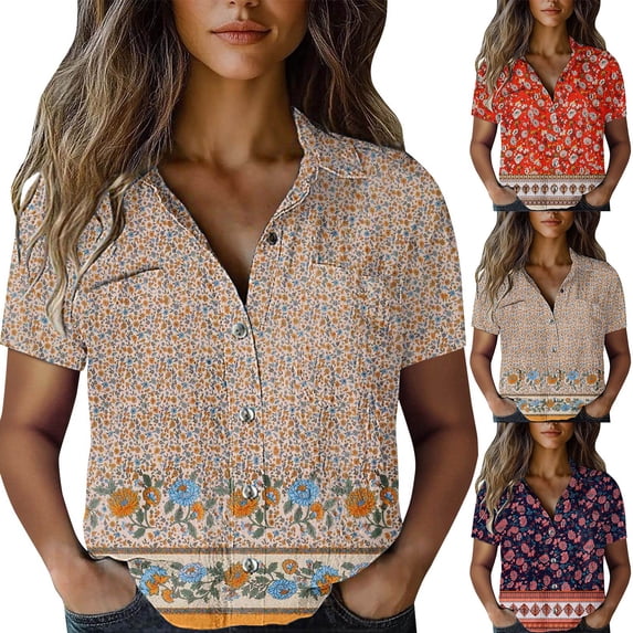 Xunmmm Button Down Shirt for Women Casual Art Flower Printed Short Sleeved Shirt Breathable Summer Fashion Pink1 M