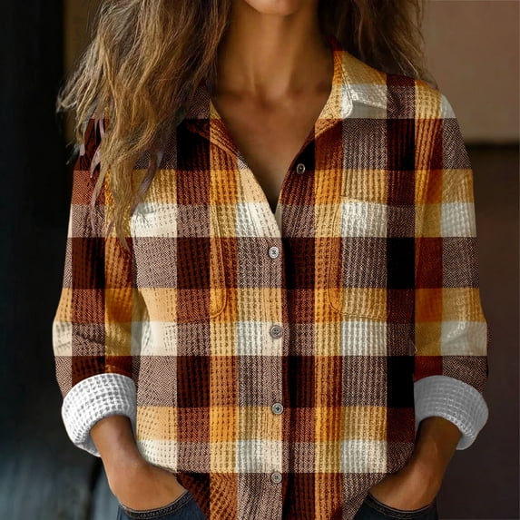 Xunmmm Button Down Shirts For Women Patchwork Pullover Plaid Printed Casual Long Sleeve Shirt Womens Blouses Coffee M