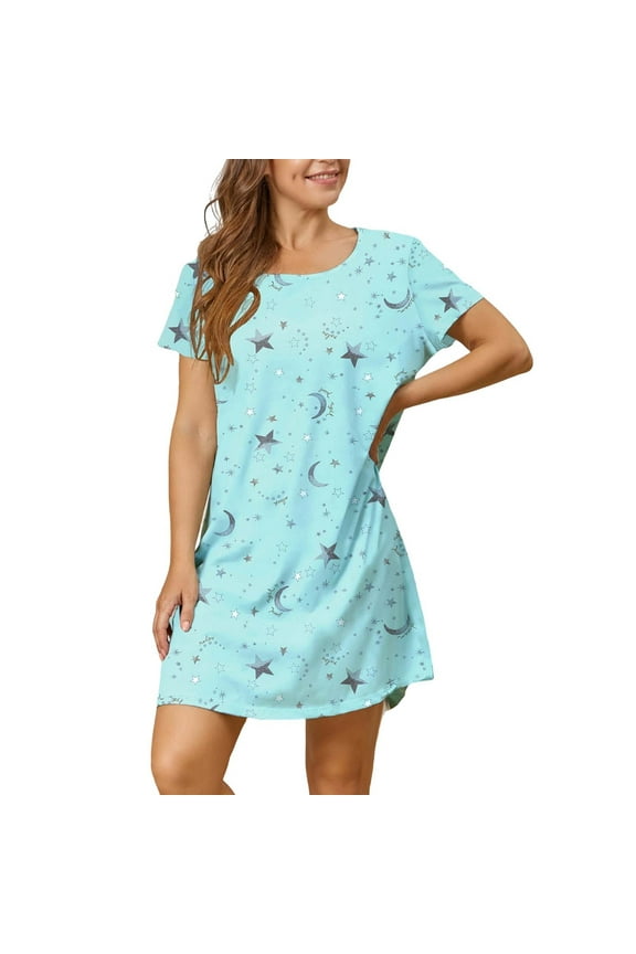Nighties For Women Cotton Nightdress Sleep Tee Short Sleeves Print Nightshirt Soft Sleepwear