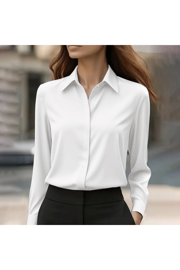 Satin Button Down Shirts For Women Lapel Wrinkle Dress Shirts Long Sleeve Work Shirt Business Blouses Tops White
