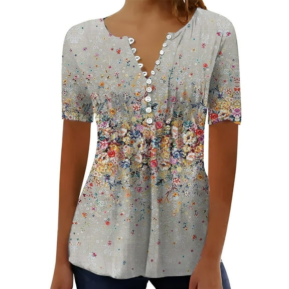 Endives Summer Shirts Short Sleeve Tops For Women 2025 Trendy Boho Floral Print Tunic V Neck Tshirt Casual Loose Blouse Womens Short Sleeve Tops