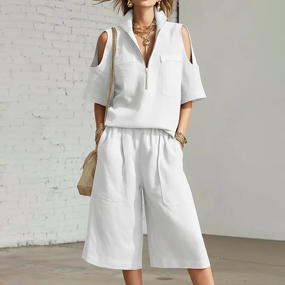 Xunmmm Summer Two Piece Set for Women Loose Fit Cold Shoulder Half Zipper and Bermuda Shorts Set Solid Color Casual Two Piece Set Relaxed Fit Travel Wear