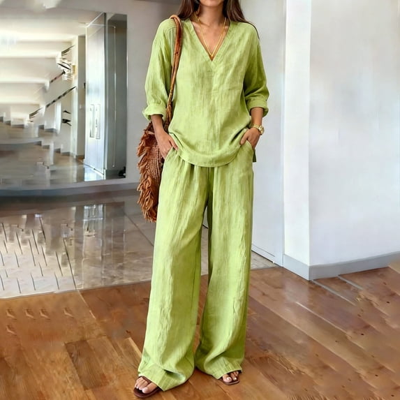 Xunmmm Women's 2 Piece Pajamas Sets Loungewear Cotton Linen Long Sleeve Tops and Wide Leg Pants Casual Matching Set Outerwear