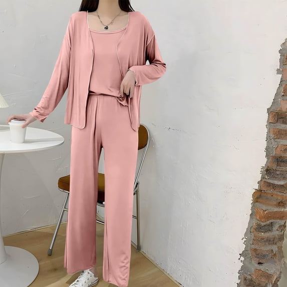 Xunmmm Women's 3 Piece Pajama Set Long Sleeve Cardigan Sleeveless Top and Wide Leg Pants Loungewear Casual Loose Fit Sleepwear Home Clothing
