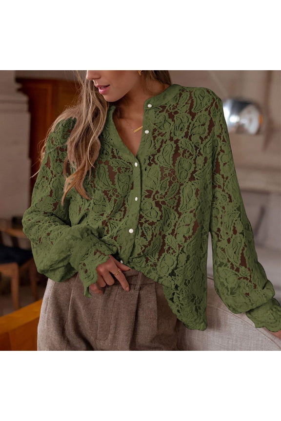 Women's Lace Blouse Mesh Hollow Lace Long Sleeve Button Up Shirts Tops Spring Fashion Clothes Green