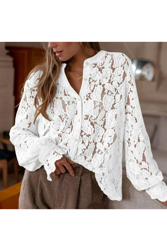Women's Lace Blouse Mesh Hollow Lace Long Sleeve Button Up Shirts Tops Spring Fashion Clothes White