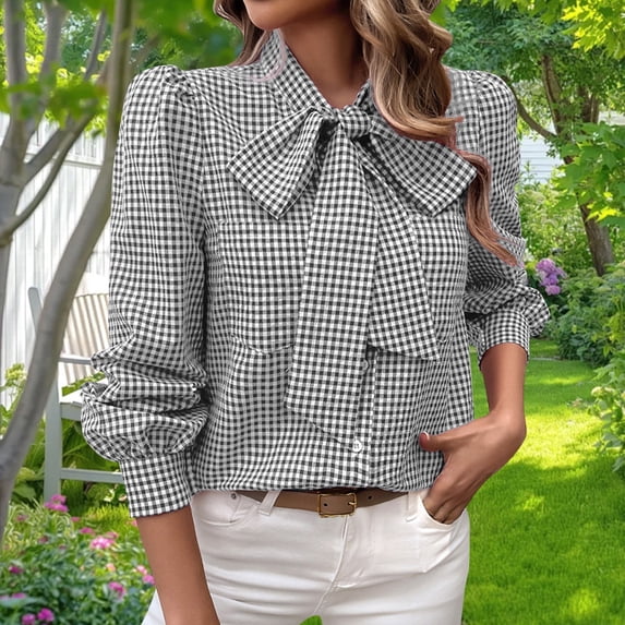 Xunmmm Women's Long Sleeve Plaid Blouse with Bow Loose Top Cute Casual Shirt Spring Outfit Fall Black
