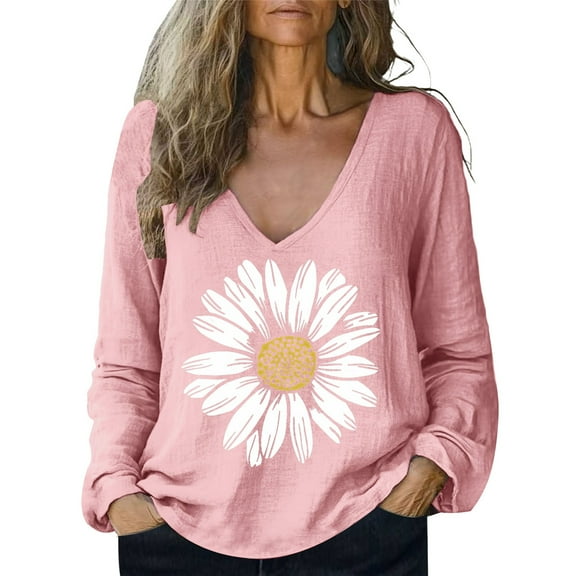 Endives Women's Long Sleeve T-shirt Baggy Cotton Linen Tops Stylish Print Blouse For Women Plus Size V Neck T Shirt Womens Long Sleeve Tops
