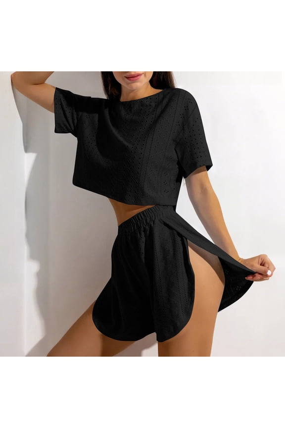 Women's Pajamas Set Comfortable Loose Solid Color Mesh Hollow Short Sleeve T-shirt and Short Home Clothes 2 Piece Set Loungewear