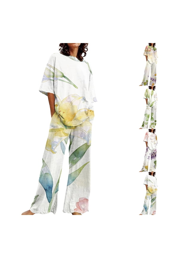 Women's Two Piece Set Loose Oversized Print Tshirt and Palazzo Pants Set Top Shirt With Pants Plus Size 2 Piece Set for Women Summer Casual Outfit for Beach Vacation