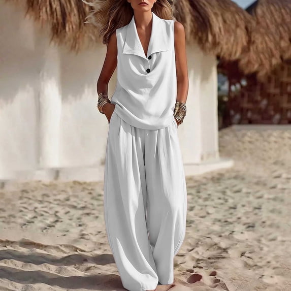 Xunmmm Womens 2 Piece Set Summer Loose Fit Lapel Sleeveless Button Shirt with Wide Leg Pant Casual Lounge Set for Women Solid Color Two Piece Set for Women Casual Vacation Wear